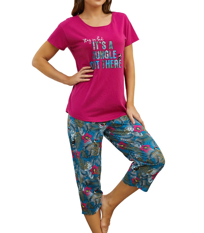 PNAEONG Women Pajama Set Sleepwear Tops with Capri Pants Casual and Fun Prints Pajama Sets Jungle 3XL - Image 1